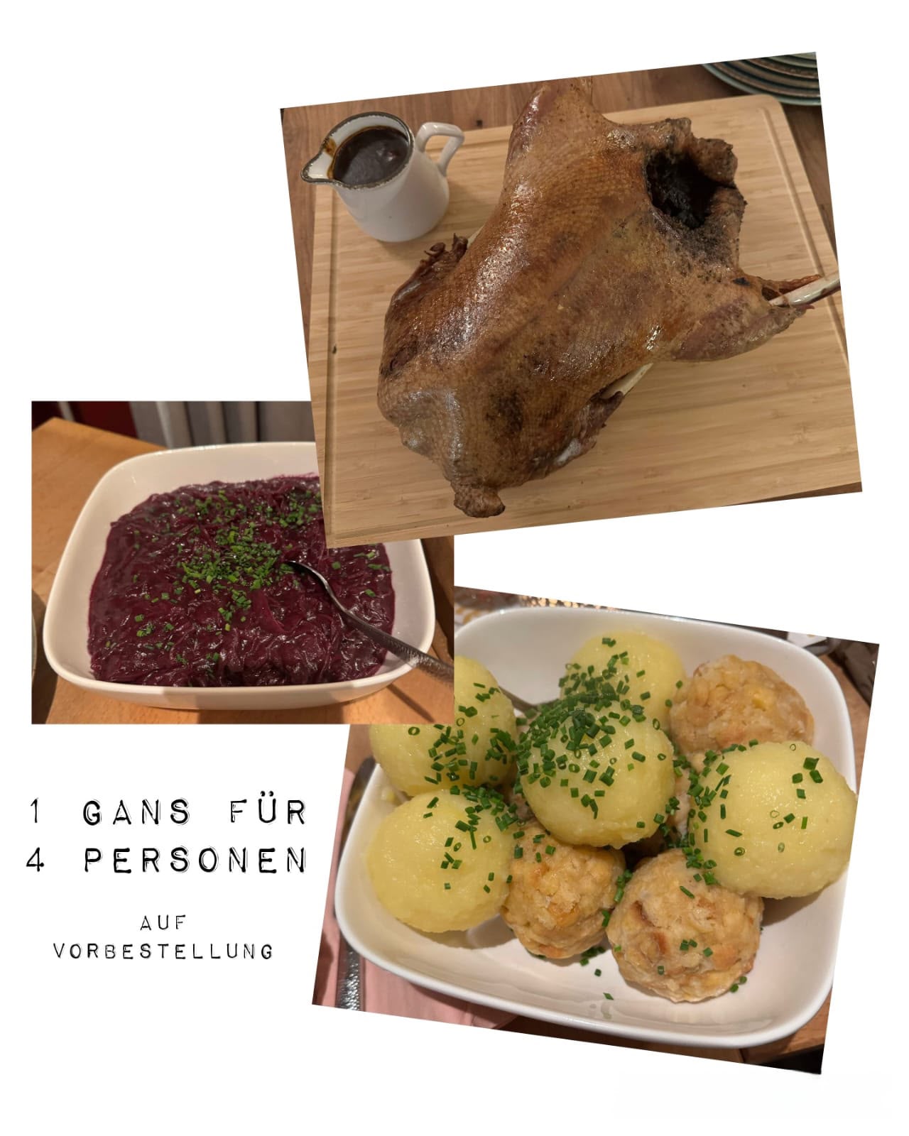 Gänsebraten mit Rotkohl, Knödeln und Sauce im EssZimmer – eine Gans für vier Personen auf Vorbestellung.